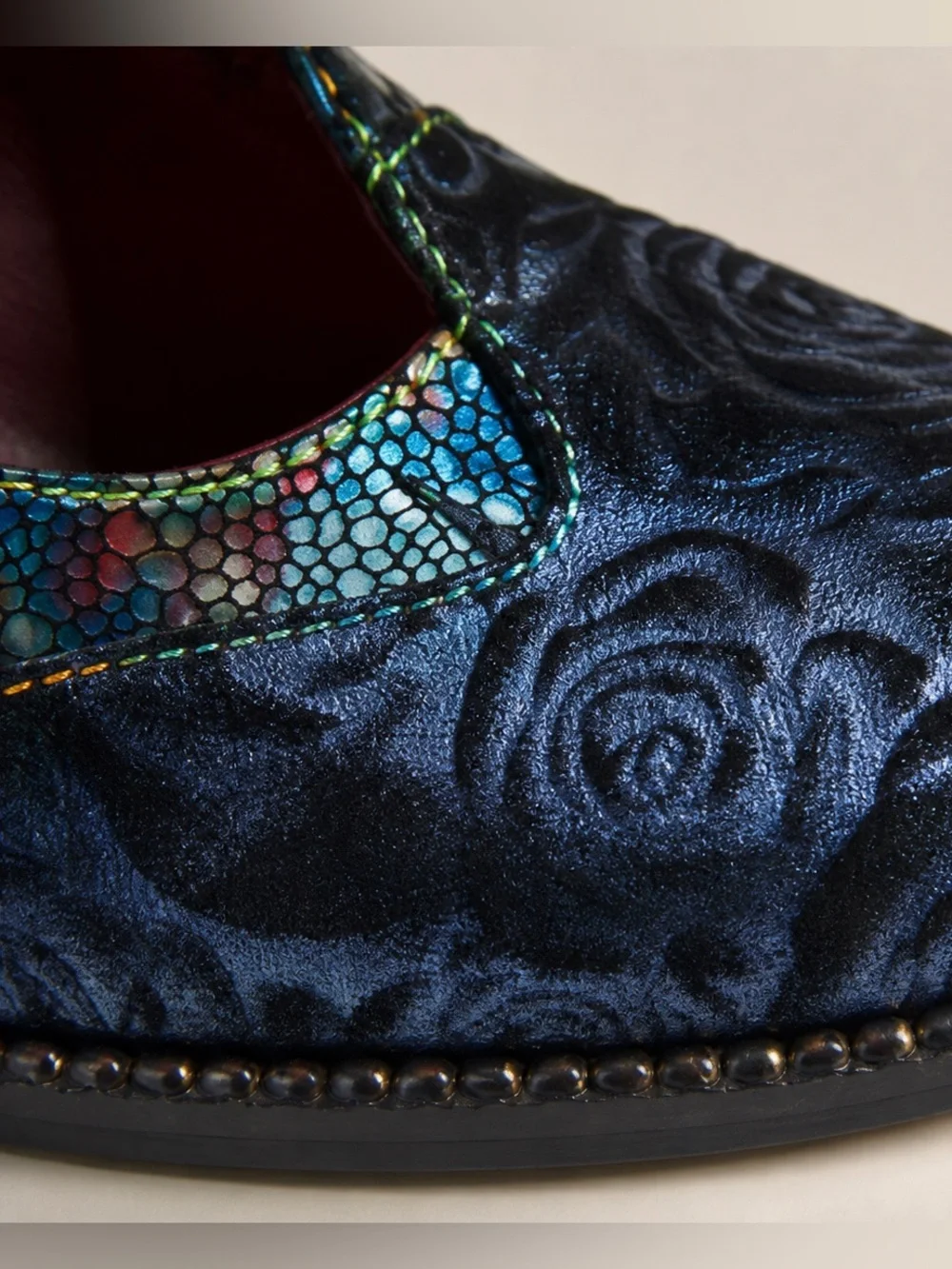 L'Artiste Mazie Navy Leather Floral Mosaic T-Bar Heels